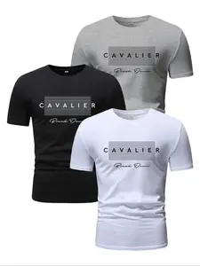 Men's Letter Print Knitted Short Sleeve Tee, Regular Fit Casual Minimalist Comfy Round Neck T-shirt for Summer, Men's Top for Daily Wear