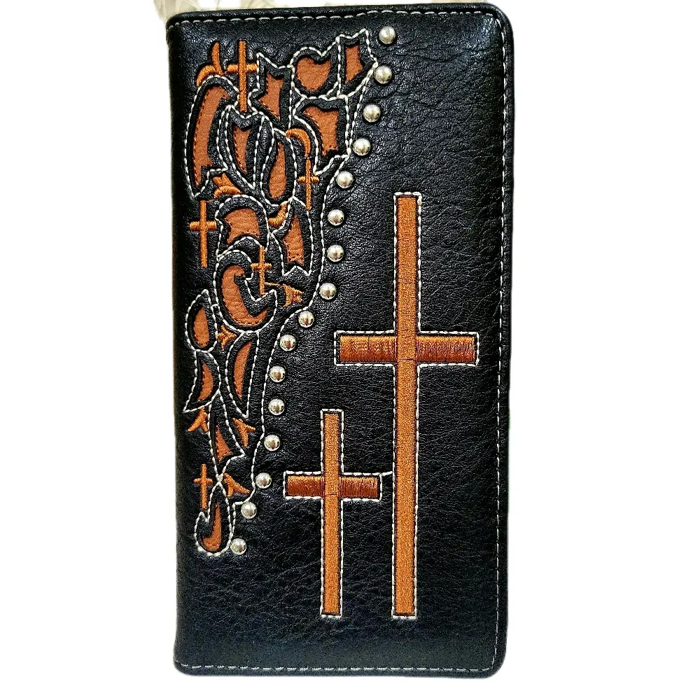 Cross Western wallet Cowboy wallet Religious wallet lasercut two layer  embroidered faux leather long checkbook bifold wallet black and tan