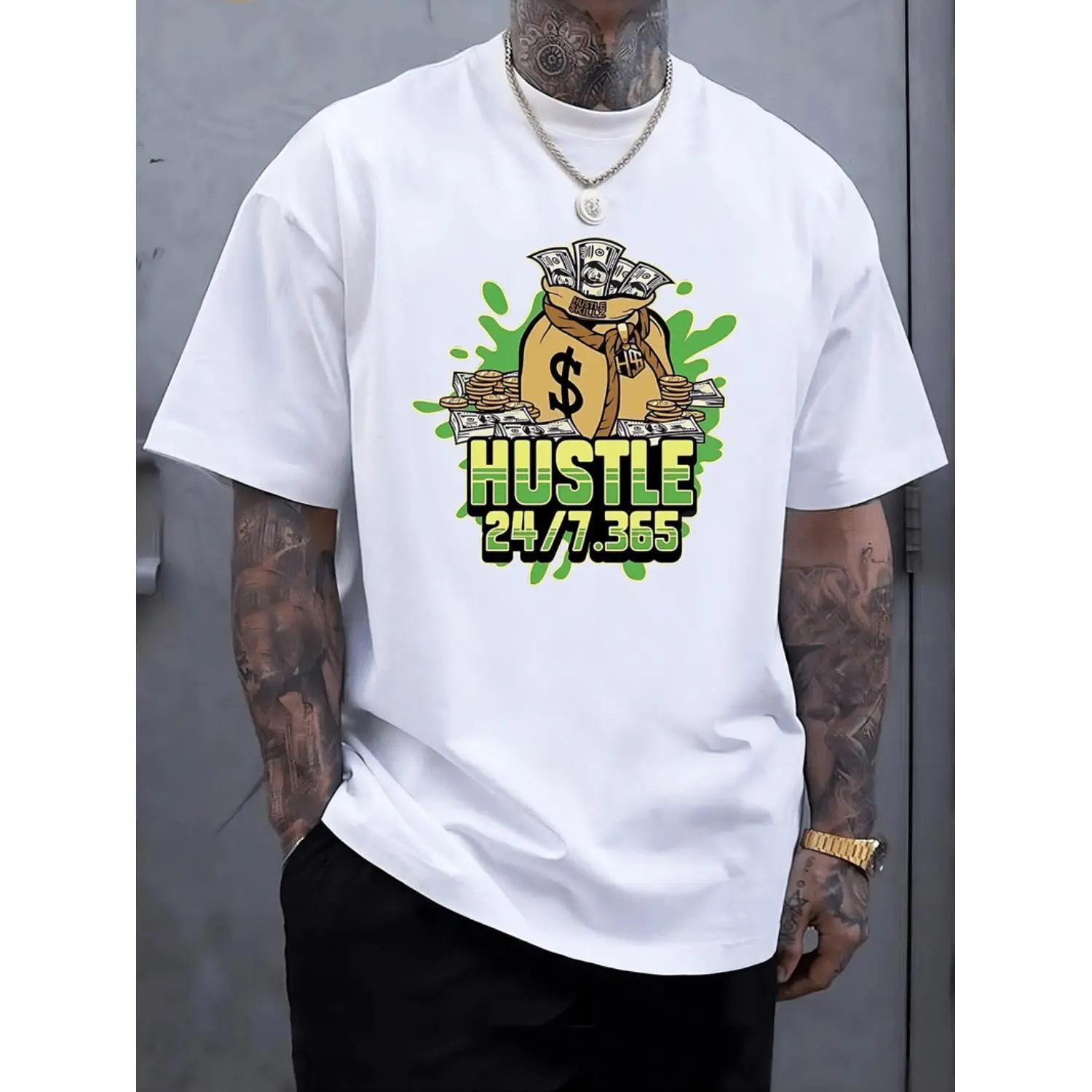 Hustle Print Tshirt for Men, Casual Round Neck Shortsleeve Top, Soft Comfortable Menswear for Summer and Daily Wear, Graphic, Streetwear