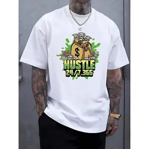 HUSTLE Print T-shirt For Men, Casual Short Sleeve T-shirt For Summer