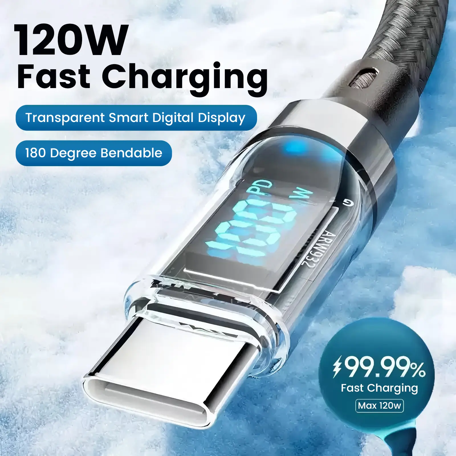 120W 4ft USB C to USB C Cable Fast Charge, Nylon Braided Cable with LED Display for lPhone 16/15 Pro/15 Plus/15 Pro Max,lPad Air,MacBook Pro,Galaxy S24/S23, Pixel, LG (Black)