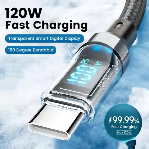 120W 4ft Nylon Braided USB Type-C to USB-C Charger Cable with Smart Power Display, 100W Speed Ultra Fast Charging, Ultimate Durability for iPhone 16/15, iPad Air, MacBook Pro, Galaxy S24/S23, Pixel, LG (Black)