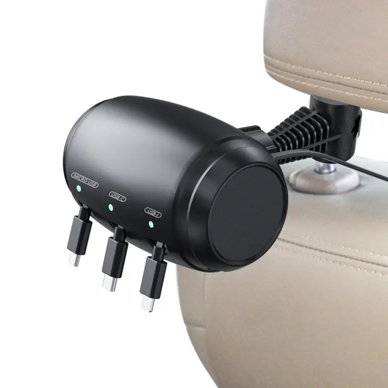 3-in-1 Rear Seat Retractable Car USB Charger Multi Port - Multi Charger with Type-C & Micro USB Ports for Phones & Tablets