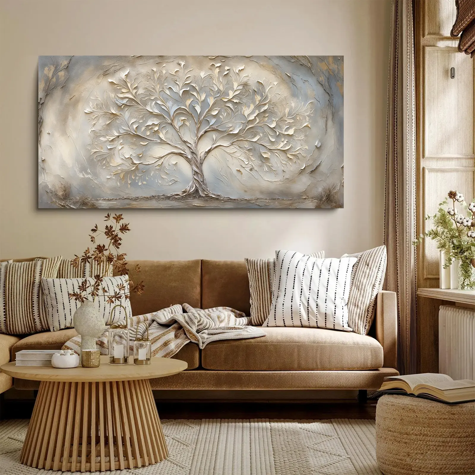 Textured Tree of Life Modern Botanical Wall Canvas Print - Spiritual, Rustic Farmhouse Home Decor for Living Room, Bedroom, House Decor, Living Room Decor