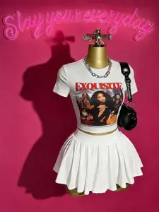 Women's Two-Piece Set Embroidered Print Round Neck Short Sleeve Casual Slim Fit T-Shirt and Mini Skirt, Perfect for Concerts, Parties, Dates