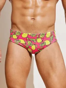 Men's Tri-Athlon Swim Trunks, Island Style Lemon Print, High Stretch Quick-Dry Breathable, Summer Beach Pool Resort Surfing Swimming Fitness Boxing