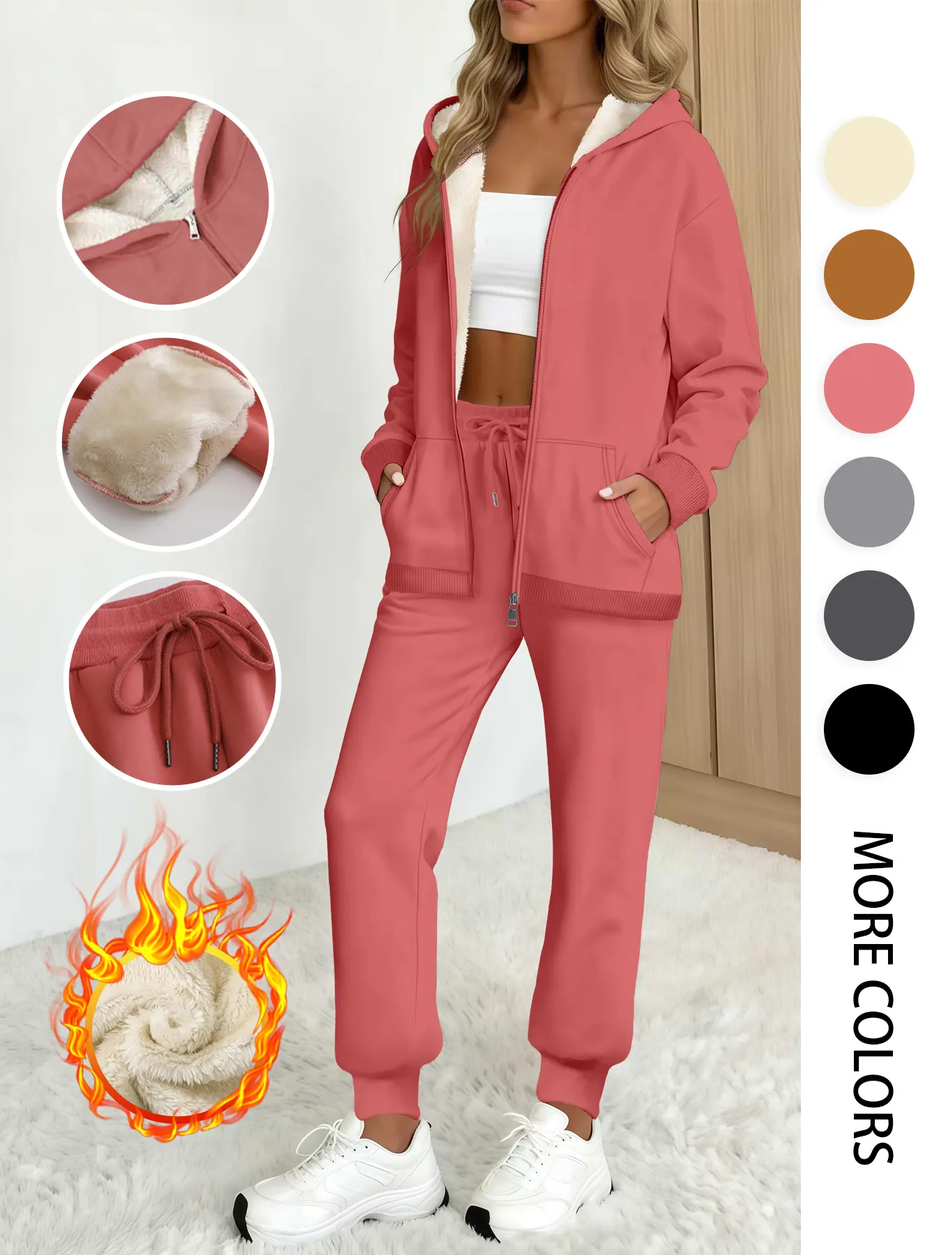 Women's Fall Winter Zipper Thick Hoodie & Pants Set, Plain Aesthetic Fashionable Casual Sweatshirt, Fitted Long Pant, 2 Piece Set Matching