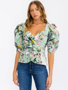 WOMEN’S MINT FLORAL SHORT PUFF SLEEVE WRAP BLOUSE