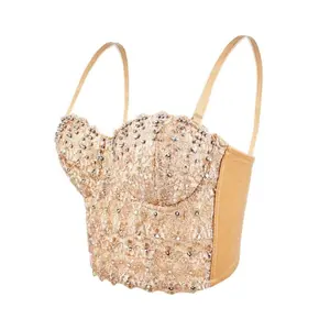 Sexy Lace Patchwork Design Fishbone Corset Spiece Girl Beading Women Bra Y2K Harajuku High Street Camisole Tops brasieres