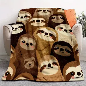 [1pc Sloth Print Blanket] 1pc Soft Plush Sloth Print Flannel Throw Blanket Cozy Brown & Cream All-Season Indoor & Outdoor Use Adorable Sloth Faces Design for Bed, Couch, or Camping Playful Design-280GSM