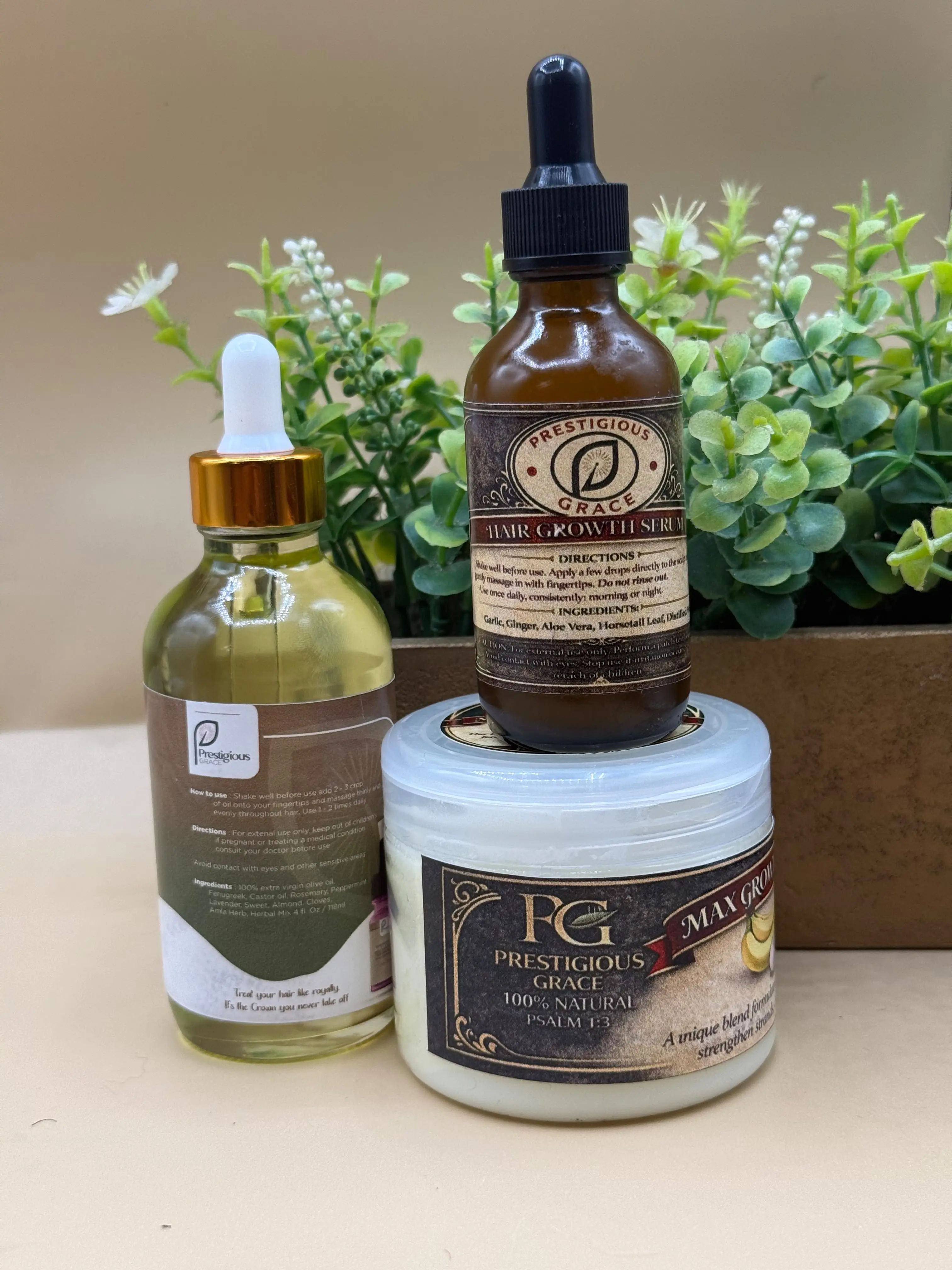 Prestigious Grace Hair Care Trio includes Stimulation Oil, Pomade, and Hair Growth Serum.