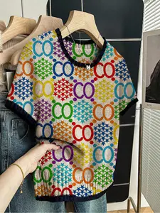 Geometric Print Round Neck Sweater, Casual Short Sleeve Knitwear for Spring Summer Fall, Comfortable Warm Women's Clothing