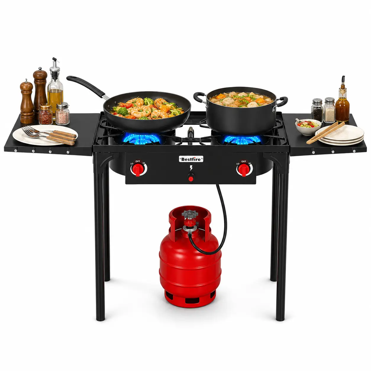 BESTFIRE 150K BTU 2-Burner Propane Camp Stove – Heavy Duty Portable Outdoor Gas Cooker with Removable Legs, Foldable Side Shelves & Adjustable Regulator, Ideal for Camping, Backyard BBQ, Turkey Frying & Large Pot Cooking  patio backyard brewing