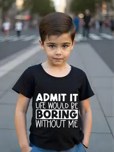 Toddler Boy's Letter Print Round Neck Tee, Casual Short Sleeve Crew Neck T-shirt for Summer, Funny Graphic Tees, Kids Clothes for Daily Wear, Funny Print Shirts