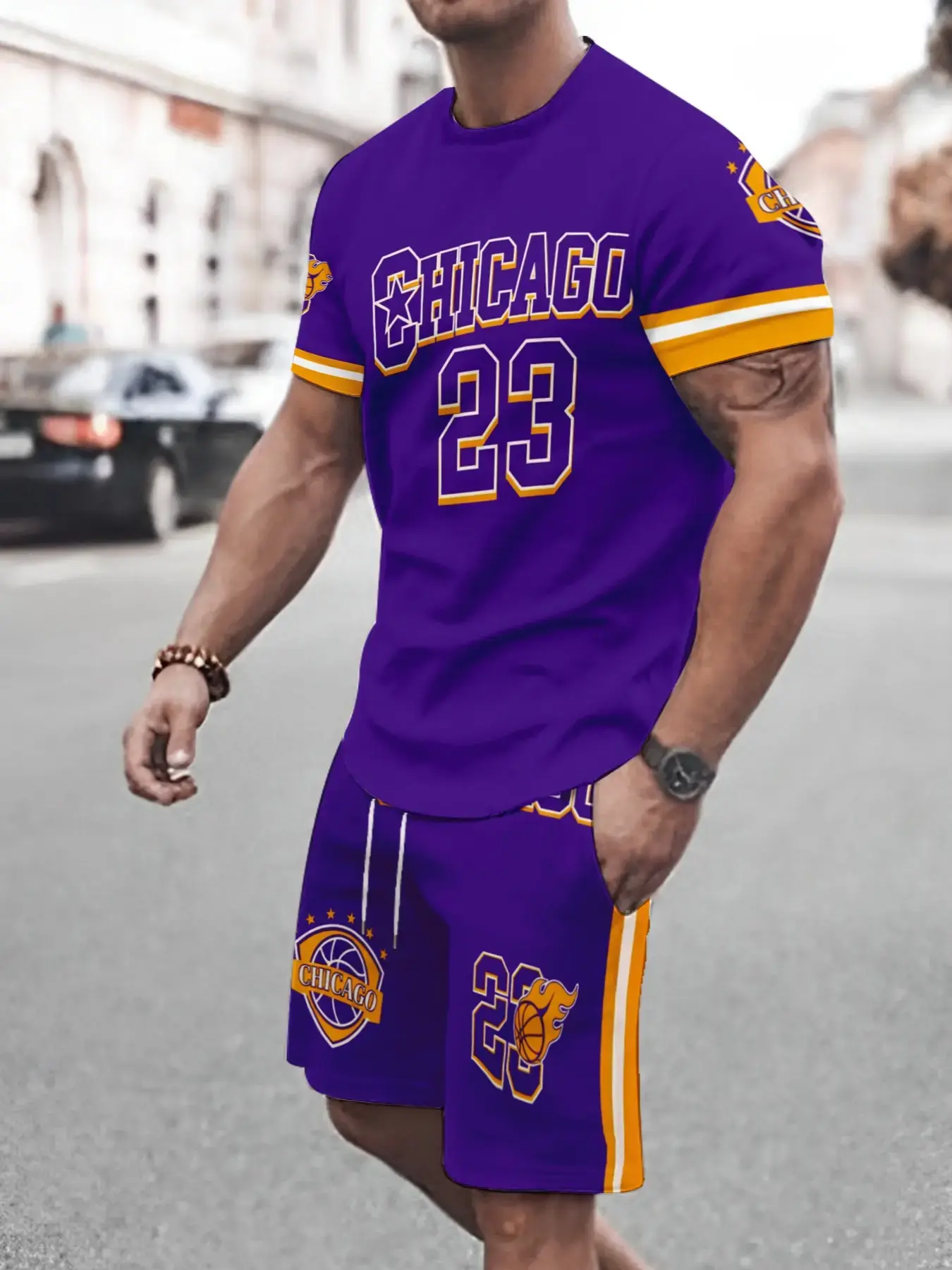 Men's Street College Basketball Jersey Set, 23 Number 3D Print Two-Piece Basketball Shirt, Casual Fitted All over Print Sportswear Clothing