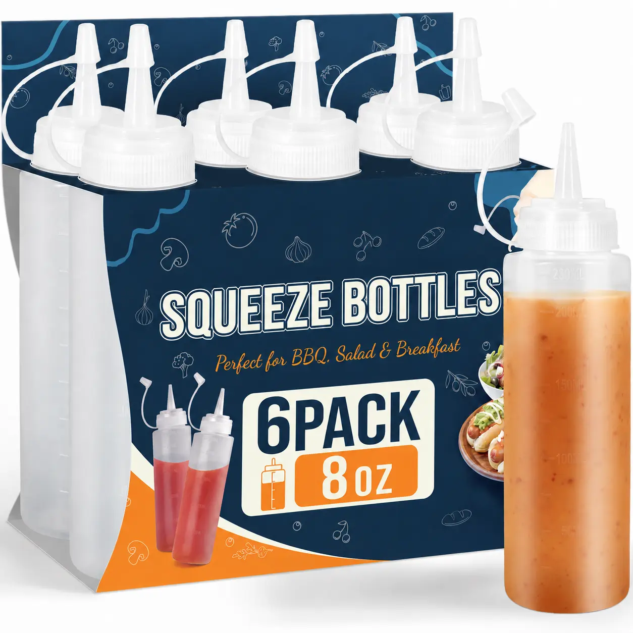 8 oz Squeeze Bottles, Plastic Condiment Squeeze Bottles for Sauces, Ketchup, Honey Jars, Squirt Bottle for Dressing, Sauce Bottle for Syrup, Oil, Dressing, Mustard, Pancake Batter - 6 Pack
