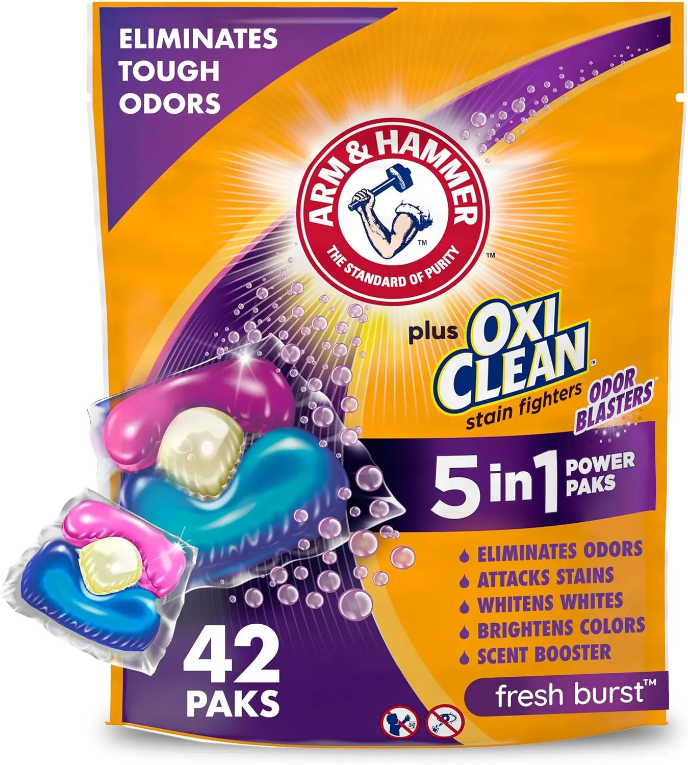 Plus OxiClean Odor Blasters Laundry Detergent Pak, 42 Count | 5-in-1 Benefits, Eliminates Tough Odors, Attacks Tough Stains, Whitens & Brightens, Fresh Burst Scent