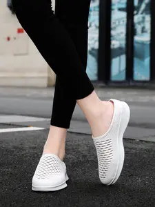 Sporty Women's Solid Color Hollow Out Design Slip On Walking Shoes, Casual Breathable Lightweight Sports Shoes, All-Match Round Toe Shoes for Daily Wear