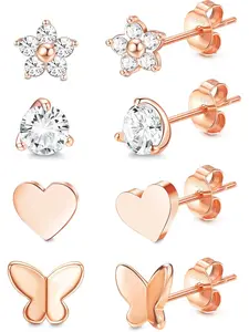 4 Pairs Silvery Stud Earrings Set for Women Heart CZ Butterfly Flower Stud Earrings Hypoallergenic Cubic Zirconia Cartilage Earrings Set