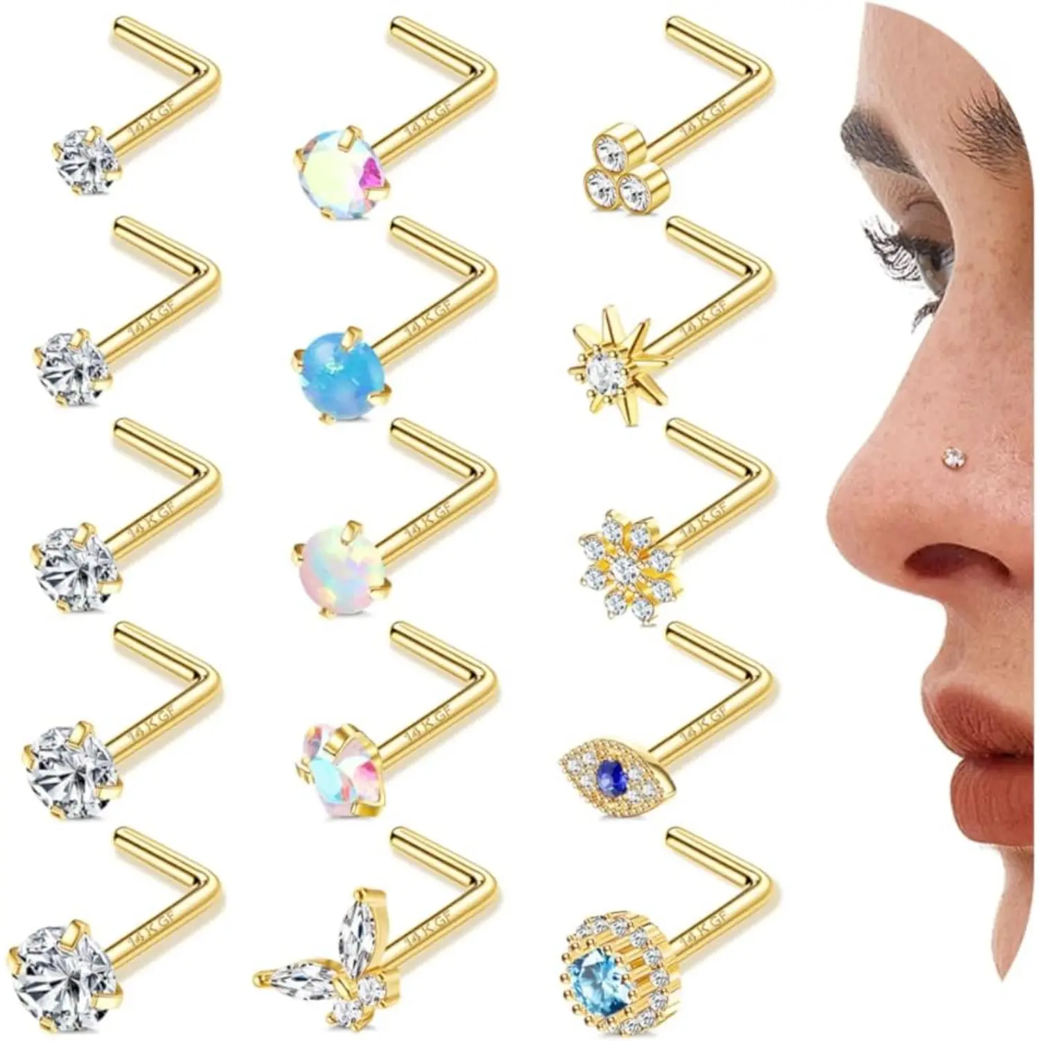 Gold-15Pcs L-Shaped Nose Stud