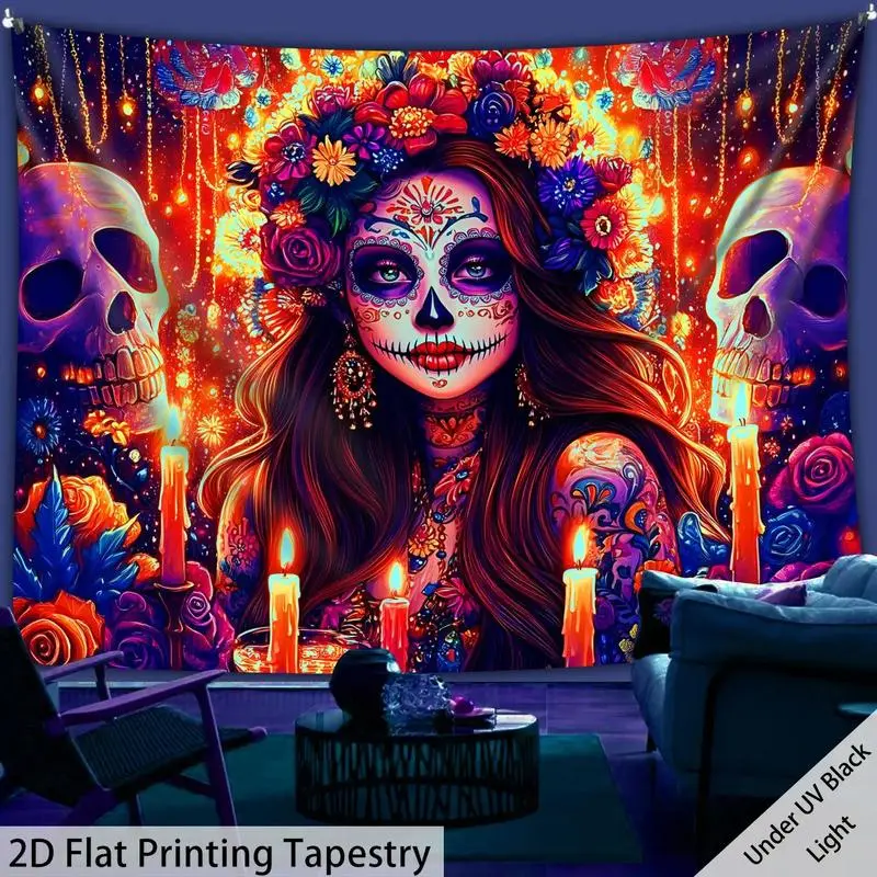 1pc Extra Large 2D Flat Mexican Day of the Dead Tapestry - UV Glow in Blacklight, Sugar Skull & La Calavera Catrina Wall Hanging - HD Digital Print, Wrinkle-Resistant Polyester Fabric for Home, Dia de los Muertos Decoration