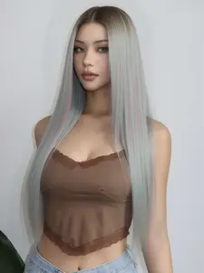 Ombre blue long straight lace wig, Lace Frontal Wig, 13x4 cm, front lace synthetic wig, pre-exposed hairline, heat-resistant synthetic fiber, suitable for Christmas and everyday life.