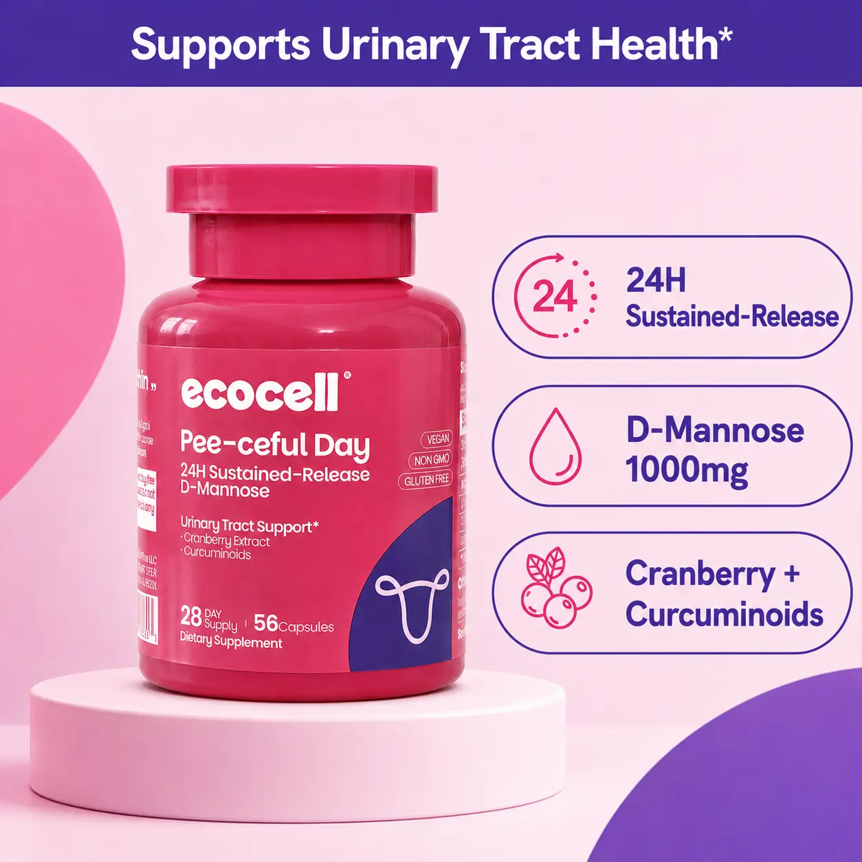 ecocell Edible Vegan D-Mannose Dietary Supplement for Women's Urinary Tract Health, 1000mg Per Serving, Natural Bladder Support with Cranberry & Curcuminoids, 24-Hour Sustained Release, 56 Optimum Capsules
