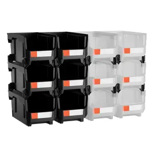 Black & Transparent Plastic Stackable Storage Boxes, 12-Pack 14.8x8.5x7.1in Organiser Bins for Garage Small Parts, Office Supplies