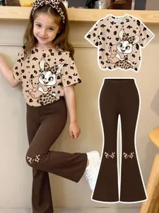 Youthful Girls' Casual Fashion Set, Creative Personalized Cartoon Prints, Leopard Rabbit Teddy Bear Bowknot Designs, T-Shirt & Bell Bottoms