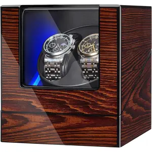Watch Winder for Automatic Watches, Automatic Watch Winder Box Watch Spinner with LED Light, Double Watch Winder with Quiet  Wooden 4 Modes  or Type-C Adapter, Brown SYQ02Y