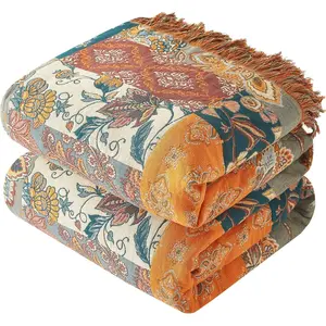 Boho Throw Blanket for Couch Sofa Bed, 100% Cotton Woven Quilt with Tassel 60”x80”, Super Soft Muslin Blanket with Floral Printed, Decorative Reversible Bed Blanket/Cover for All Seasons