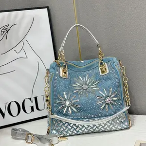 Women's Rhinestone-Decorated Woven Shoulder Bag - Roomy Crossbody Handbag Vintage Monogram Hobo