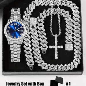 4-piece Set, Men's Rhinestone Watch and Cross Pendant Jewelry Set, Suitable for Men/Women +Exquisite gift box Necklace Moissanite Chain