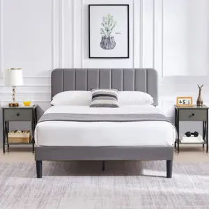 VECELO 3 Pieces Bedroom Set Queen Size Upholstered Bed Frame with 2 Nightstand Wood Slats Support No Box Spring Needed,Gray Furnture Set