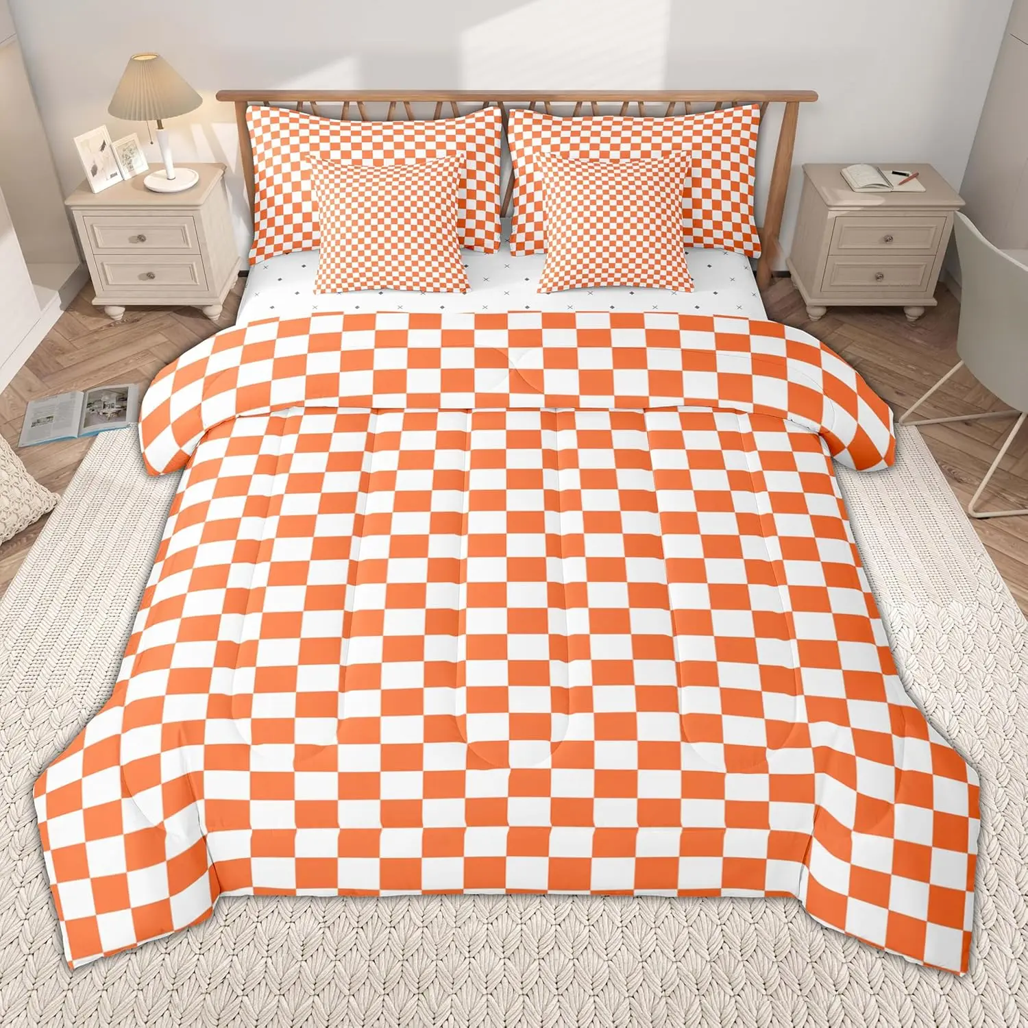 Orange and White Bedding Set 7Pcs Plaid Checkered Comforter Set with Sheets Classic Grid Buffalo Check Bed in a Bag Soft Lightweight,Microfiber