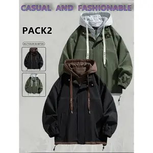 Men's Zip Up Hoodie Coat, Casual Loose Long Sleeve Hooded Sweatshirt jacket for Daily Wear Fake two-piece jacket, Men's Clothes for All Seasons, Zip Hooded Longsleeves Menswear