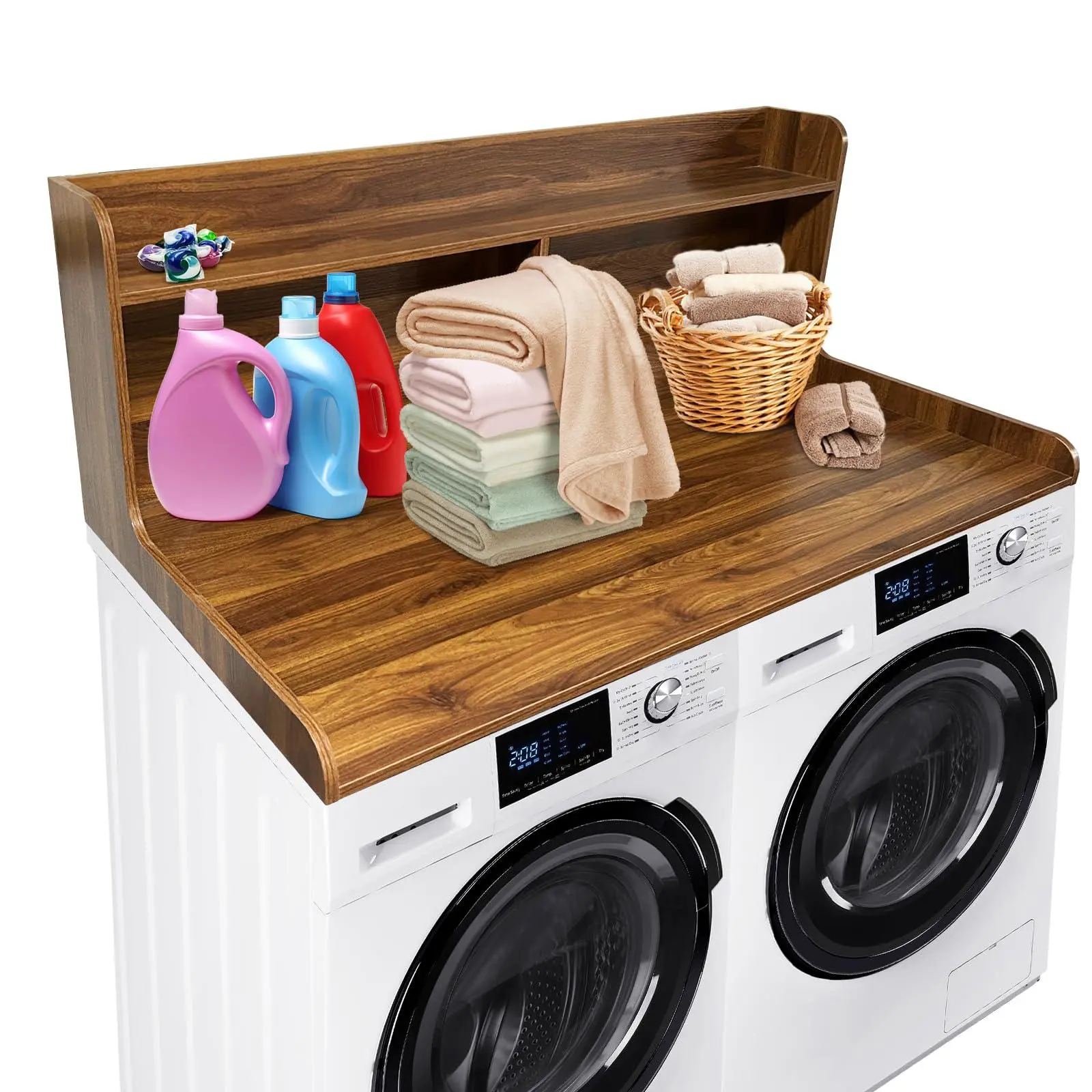 2-Tier Washer Dryer Countertop, Wood Laundry Topper with 2.75" H Edge Rails and Anti-Slip Pads for Washer and Dryer Laundry Hamper Counter Storage Organization, Full