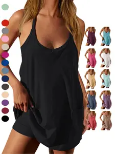 Women's Athletic Dress, Casual Sleeveless Spaghetti Strap Sundress, Workout Short Tennis Dress with Pockets, Attached Shorts, Vacation