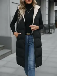 Women's Comfortable Padded Long Vest, Warm Sleeveless Zip Hoodie, Fall Winter Casual Wear, Casual Sleeveless Outerwear, Pocket Design, Essential Daily Clothing