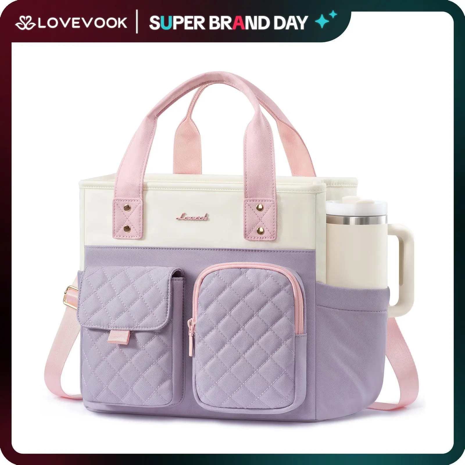LOVEVOOK Lunch Bag for Women, Insulated Adult Lunch Box for Work, Wide Opening Leakproof Cooler Tote Bag for Office Campus Picnic Beach with Shoulder Strap, Loncheras Para Mujer with Cup Holder