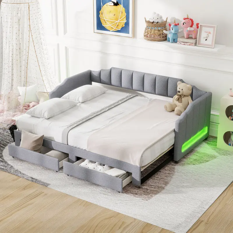 Extendable Daybed Twin XL to King Size, Upholstered Twin XL to King Daybed with 2 Storage Drawers and LED Light for Guest Room,Apartment,No Spring Box Needed (Gray)