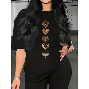 Women's Heart Print Short Sleeve TShirt Crew Neck Loose Fit Moderate Thick Breathable NonSweaty Versatile For Commute