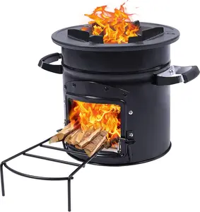 Camping Rocket Stove Wood Burning Portable for Cooking, Outdoor Camping Wood Stove with Carrying Bag for Backpacking Emergency RV Survival, Versatility of Fuel, Black Round Single Door