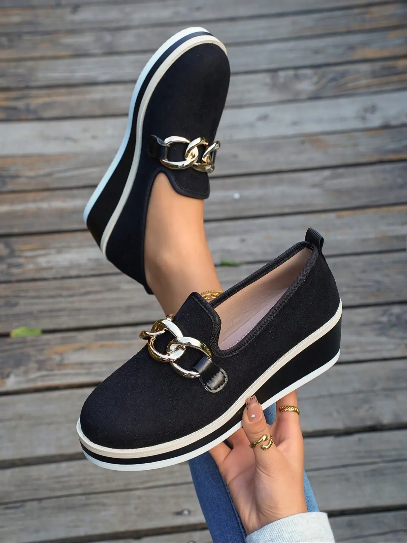 Women's One-Step Low Top Loafers, Slip On, Metal Buckle Design, Lightweight Comfortable Flatform Thick Sole, Casual Style, Textile Upper, PU Outsole