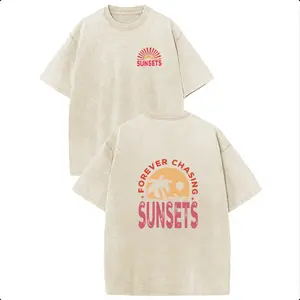 Sunland Retro Beach Vacation Sunset Graphic T-Shirt, Coconut Tree Sun Print Acid Washed Oversized Shirt, Breathable Cozy Casual Outfit, Versatile Everyday Leisure & Daily Work Commute Casual Short Sleeve Tee