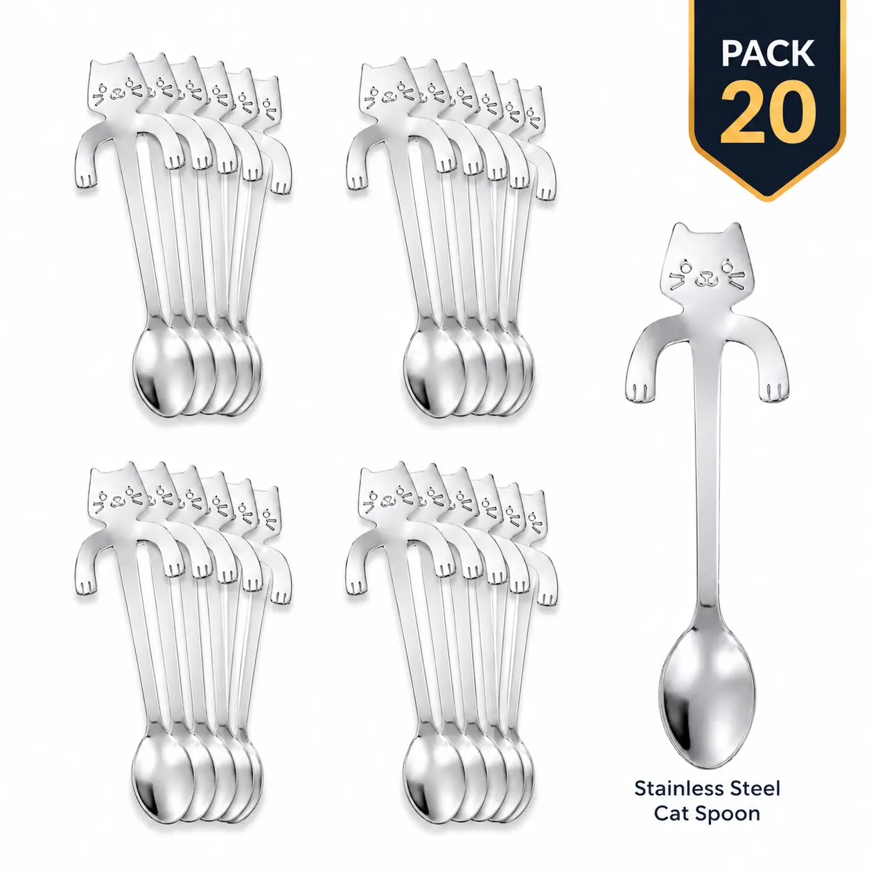 Cat Shaped Coffee Spoons, 304 Stainless Steel 4.5 in Mini Teaspoons for Espresso, Tea, Dessert, Ice Cream & Sugar, Silver, Pack of 20