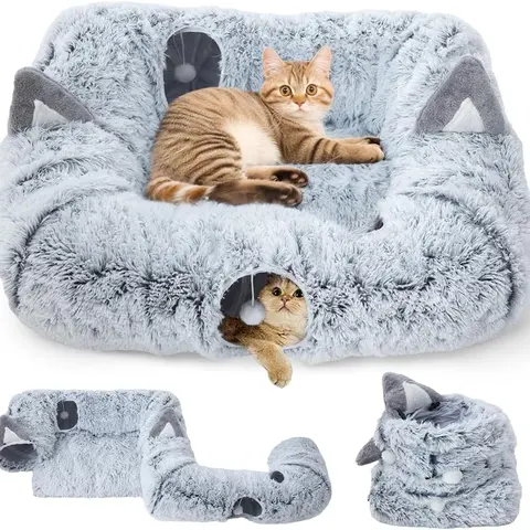 PETCOZIFE Plush Fabric Collapsible Large Cat Tunnel Bed with Bedding - 40.6 x 33.5 Inches, 9.8in Hide Space, Fold-Flat Storage, Teaser Hanging Ball, Climbing Holes, Thick Mat, Fits Up to 22lbs, Play & Sleep Hideaway for Activity & Energy Burn