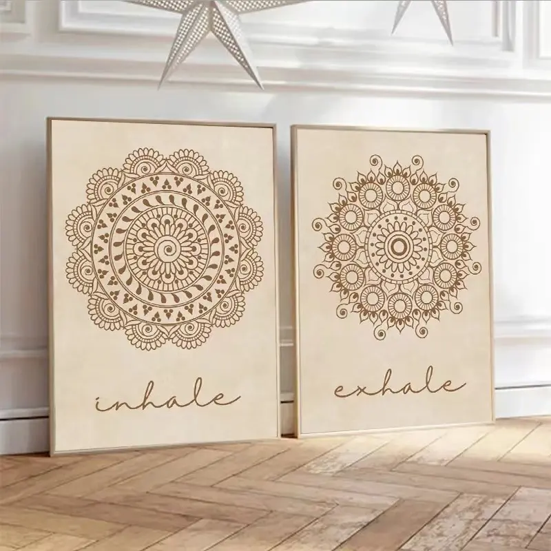 2pcs Abstract Mandala Mural Art Yoga Beige Bohemian Frameless Canvas Painting Inhalation Breath Poster Lines Flower Living Room Decoration Painting