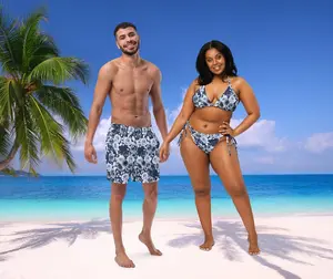 Matching Couples Swimsuits Navy Floral Bikini Set and Recycled Fabric Mens Swim Trunks