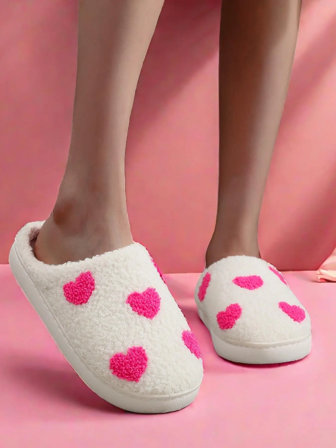 Women's Cute Heart Pattern Plush Slippers, Casual Soft Comfortable Home Slippers, Warm Slippers for Indoor & Outdoor Use for Fall & Winter